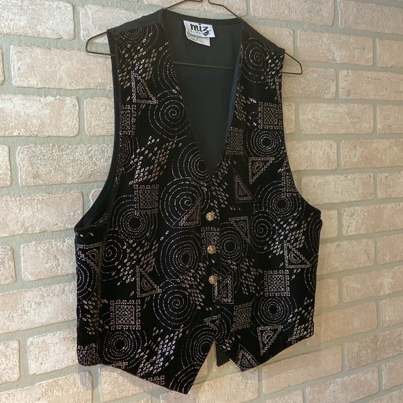 Vintage Miz California Black Velvet Glitter Foil Geometric Pattern Vest - Picture 2 of 7